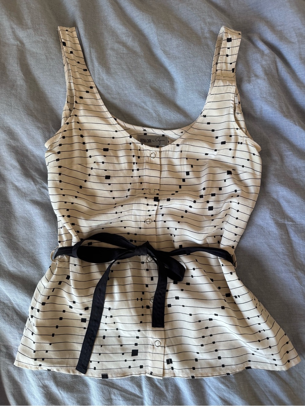 Vena Cava for Aqua Cream Button-Front Tank with Black Dot Stripe Print 100% silk